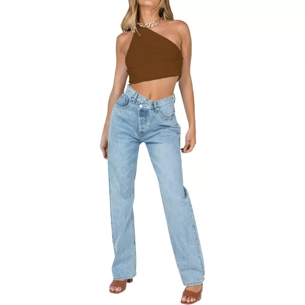LYANER Women's Sexy Ruched One Shoulder Sleeveless Crop Top Strappy Cami Tank