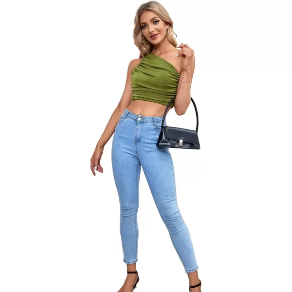 LYANER Women's Sexy Ruched One Shoulder Sleeveless Crop Top Strappy Cami Tank