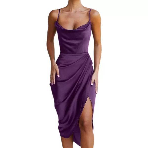 LYANER Women’s Sexy Satin Cowl Neck Spaghetti Straps Wrap Ruched Sleeveless Split Party Midi Cami Dress