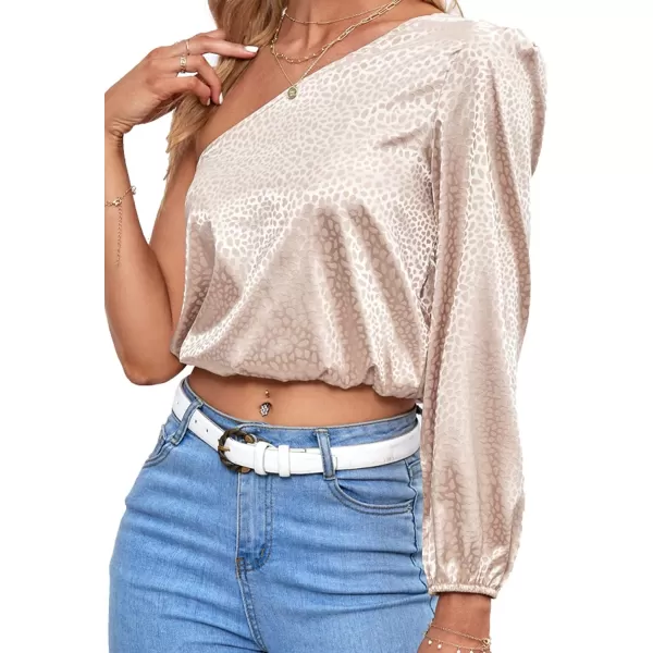LYANER Women's Sexy Satin One Shoulder Puff Long Sleeve Crop Blouse Shirt Top