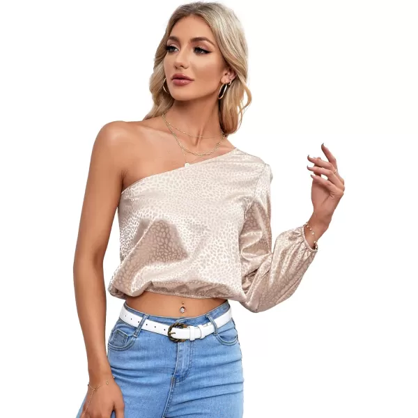 LYANER Women's Sexy Satin One Shoulder Puff Long Sleeve Crop Blouse Shirt Top