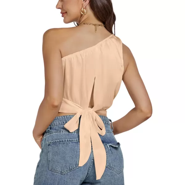 LYANER Women's Sexy Satin One Shoulder Tie Back Knot Sleeveless Crop Top Cami Tank