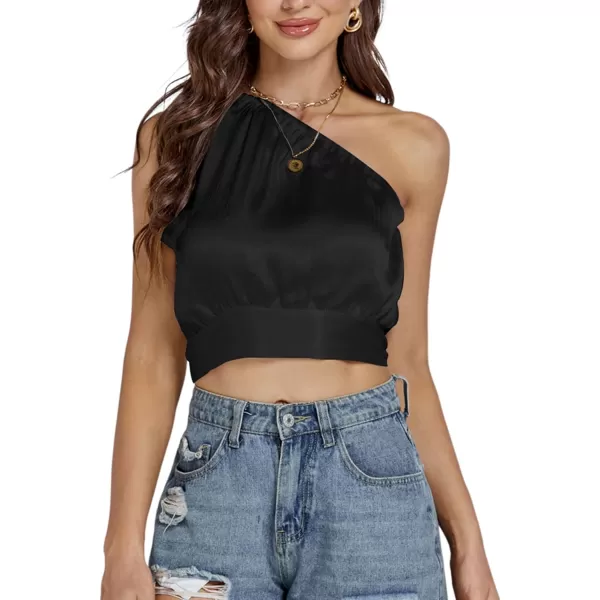 LYANER Women's Sexy Satin One Shoulder Tie Back Knot Sleeveless Crop Top Cami Tank