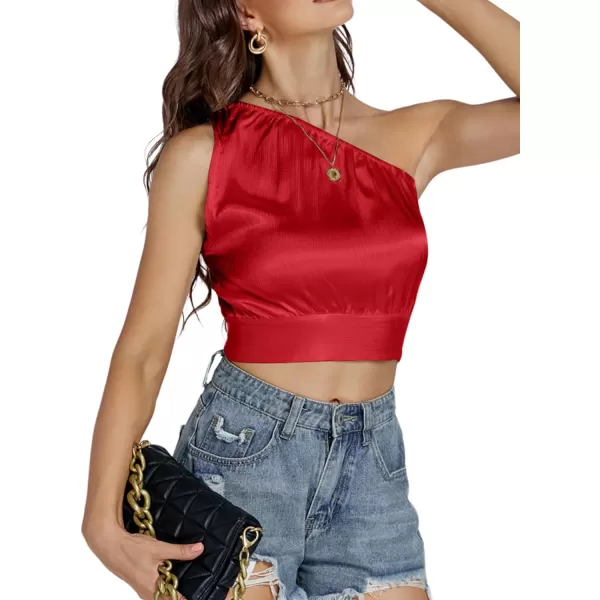 LYANER Women's Sexy Satin One Shoulder Tie Back Knot Sleeveless Crop Top Cami Tank