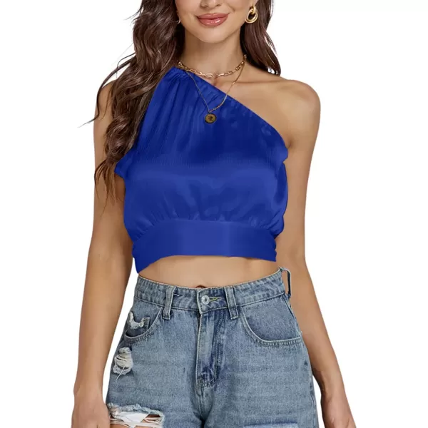 LYANER Women's Sexy Satin One Shoulder Tie Back Knot Sleeveless Crop Top Cami Tank