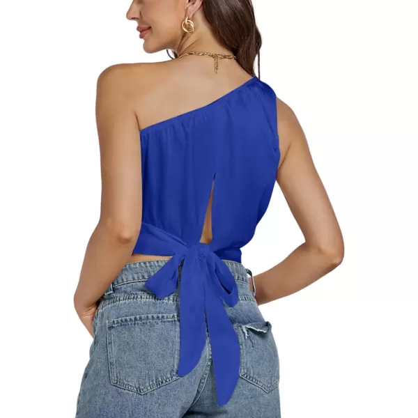 LYANER Women's Sexy Satin One Shoulder Tie Back Knot Sleeveless Crop Top Cami Tank