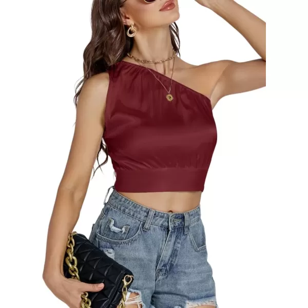 LYANER Women's Sexy Satin One Shoulder Tie Back Knot Sleeveless Crop Top Cami Tank