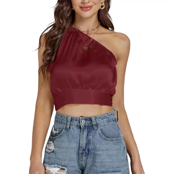 LYANER Women's Sexy Satin One Shoulder Tie Back Knot Sleeveless Crop Top Cami Tank
