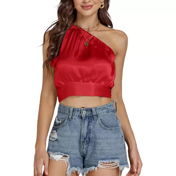LYANER Women's Sexy Satin One Shoulder Tie Back Knot Sleeveless Crop Top Cami Tank