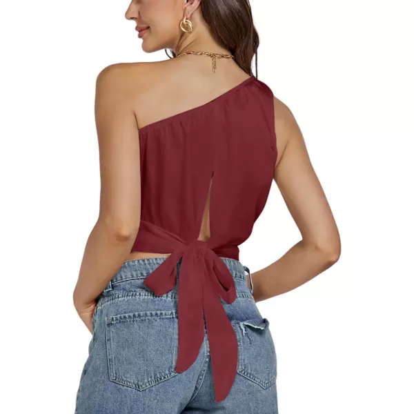 LYANER Women's Sexy Satin One Shoulder Tie Back Knot Sleeveless Crop Top Cami Tank
