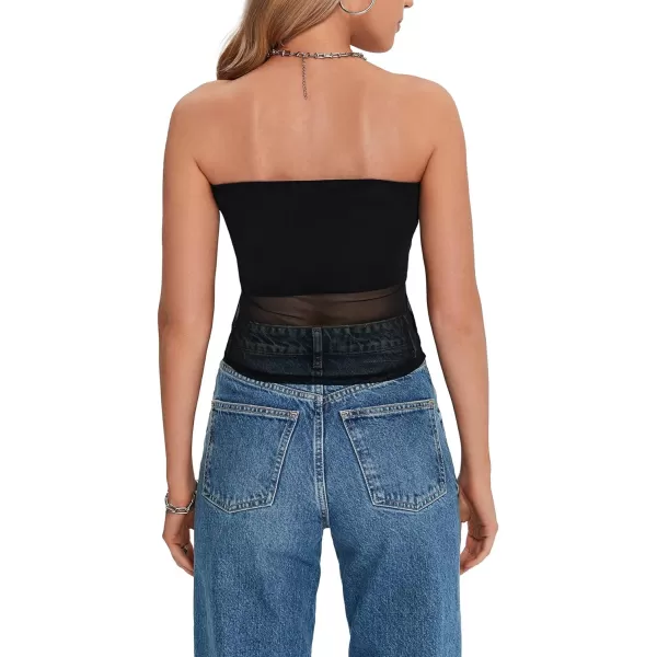 LYANER Women's Sexy Sheer Mesh See Through Crop Tube Top Slim Fit Strapless Bandeau Top Sleeveless Crop Tanks