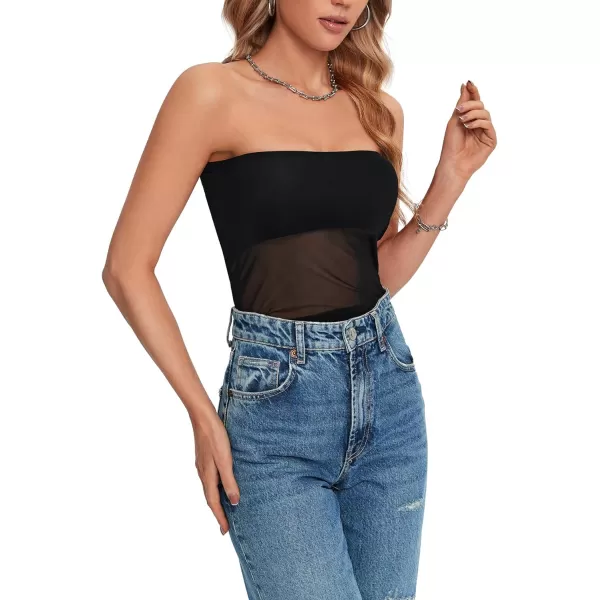 LYANER Women's Sexy Sheer Mesh See Through Crop Tube Top Slim Fit Strapless Bandeau Top Sleeveless Crop Tanks