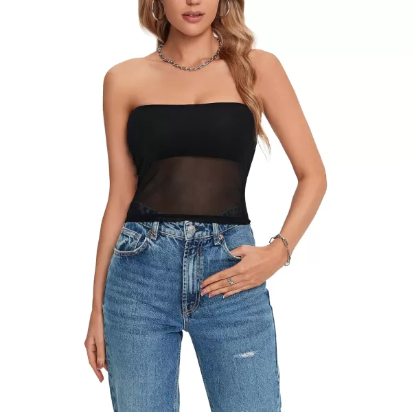 LYANER Women's Sexy Sheer Mesh See Through Crop Tube Top Slim Fit Strapless Bandeau Top Sleeveless Crop Tanks