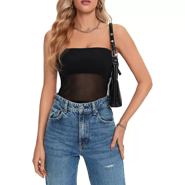 LYANER Women's Sexy Sheer Mesh See Through Crop Tube Top Slim Fit Strapless Bandeau Top Sleeveless Crop Tanks