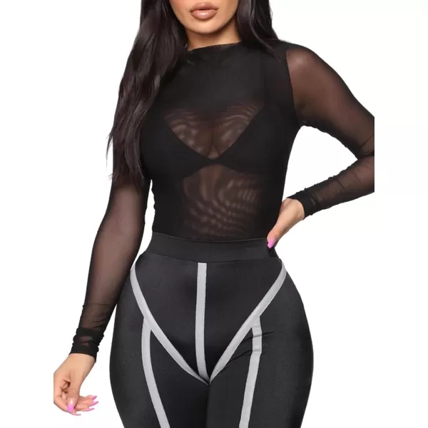 LYANER Women's Sexy Sheer Mock Neck Long Sleeve Leotard Bodysuit Top