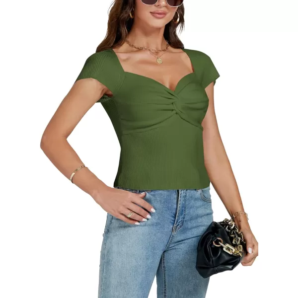 LYANER Women's Sexy Sweetheart Neck Front Twist Knot Ruched Knit Cap Sleeve Slim Fit Crop Top Tee