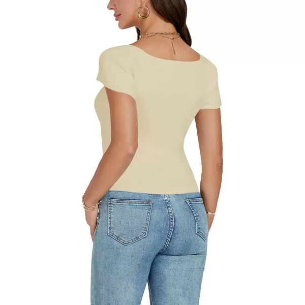 LYANER Women's Sexy Sweetheart Neck Front Twist Knot Ruched Knit Cap Sleeve Slim Fit Crop Top Tee