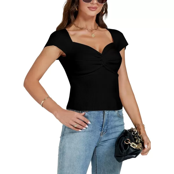 LYANER Women's Sexy Sweetheart Neck Front Twist Knot Ruched Knit Cap Sleeve Slim Fit Crop Top Tee