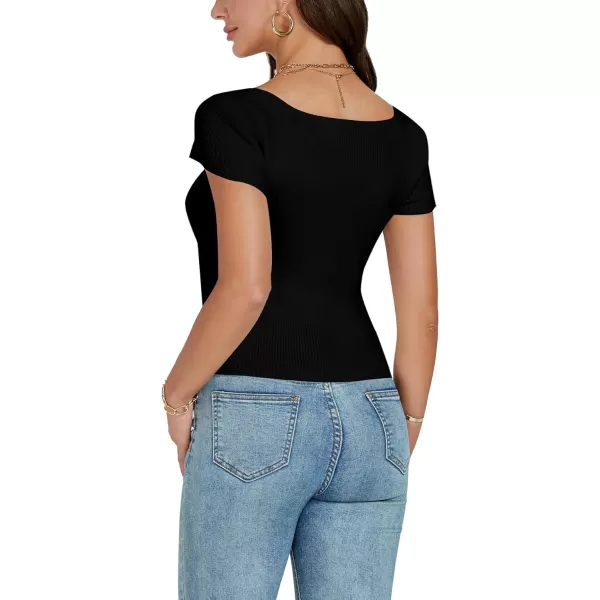 LYANER Women's Sexy Sweetheart Neck Front Twist Knot Ruched Knit Cap Sleeve Slim Fit Crop Top Tee