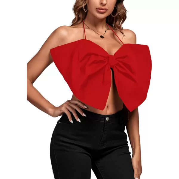 LYANER Women's Sexy Tie Neck Bow Tube Crop Top Sleeveless Strapless Party Fluffy Tank Top