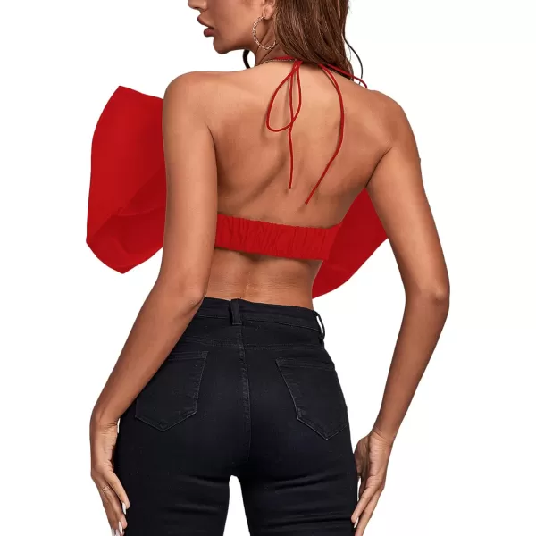 LYANER Women's Sexy Tie Neck Bow Tube Crop Top Sleeveless Strapless Party Fluffy Tank Top