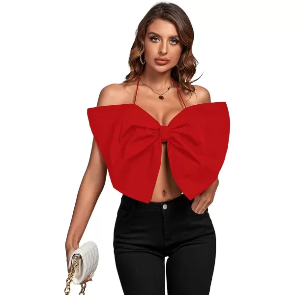 LYANER Women's Sexy Tie Neck Bow Tube Crop Top Sleeveless Strapless Party Fluffy Tank Top