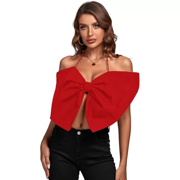 LYANER Women's Sexy Tie Neck Bow Tube Crop Top Sleeveless Strapless Party Fluffy Tank Top