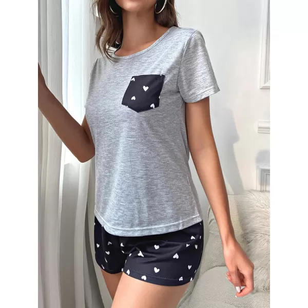 LYANER Women’s Short Pajama Set Cute Print Tee with pocket and Shorts Sleepwear Pjs Sets