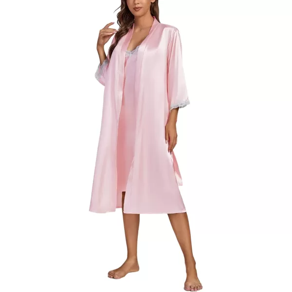 LYANER Women's Silk Satin Pajama Set 2Pcs Lace Trim Pj Robe with Chemise Nightgown Sleepwear