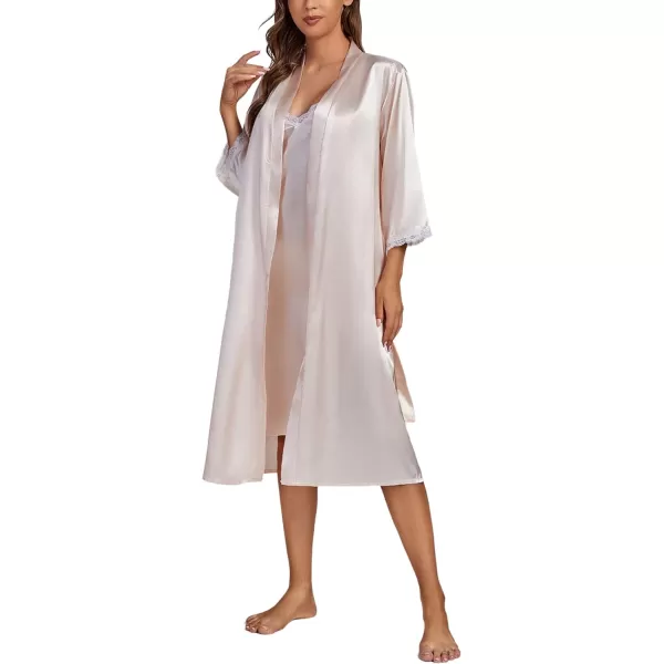 LYANER Women's Silk Satin Pajama Set 2Pcs Lace Trim Pj Robe with Chemise Nightgown Sleepwear