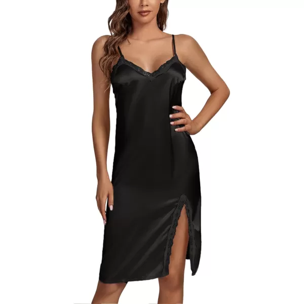 LYANER Women's Silk Satin Pajama Set 2Pcs Lace Trim Pj Robe with Chemise Nightgown Sleepwear