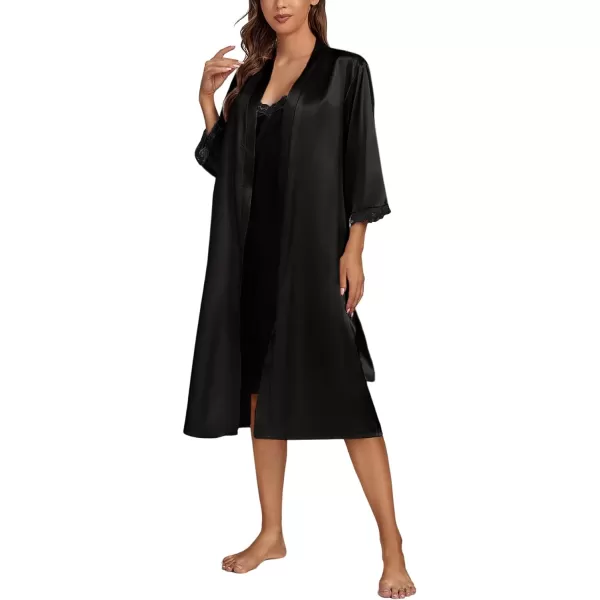 LYANER Women's Silk Satin Pajama Set 2Pcs Lace Trim Pj Robe with Chemise Nightgown Sleepwear