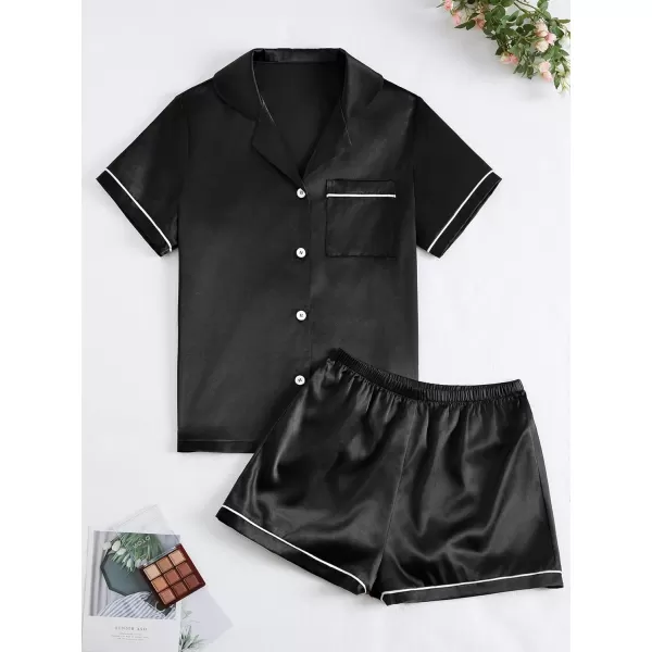 LYANER Women’s Silk Satin Pajamas Set Short Sleeve Button Top with Shorts Sleepwear PJ Set