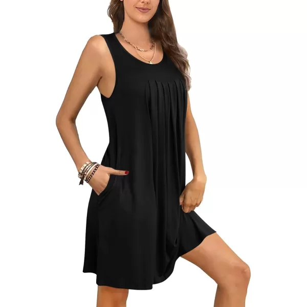 LYANER Women's Sleeveless Crewneck Pleated Front Nightdress Sleepwear Nightgown with Pockets