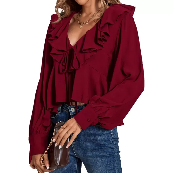 LYANER Women's Solid Deep V Neck Long Sleeve Crop Top Tie Front Chiffon Ruffle Hem Blouse Shirt