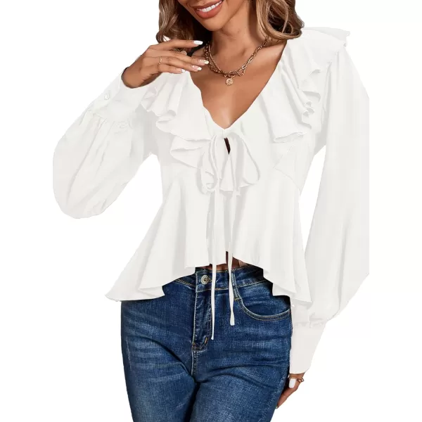 LYANER Women's Solid Deep V Neck Long Sleeve Crop Top Tie Front Chiffon Ruffle Hem Blouse Shirt