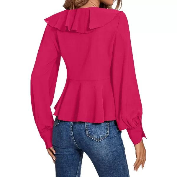 LYANER Women's Solid Deep V Neck Long Sleeve Crop Top Tie Front Chiffon Ruffle Hem Blouse Shirt