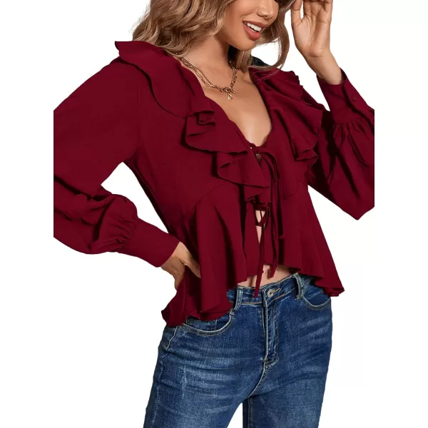 LYANER Women's Solid Deep V Neck Long Sleeve Crop Top Tie Front Chiffon Ruffle Hem Blouse Shirt