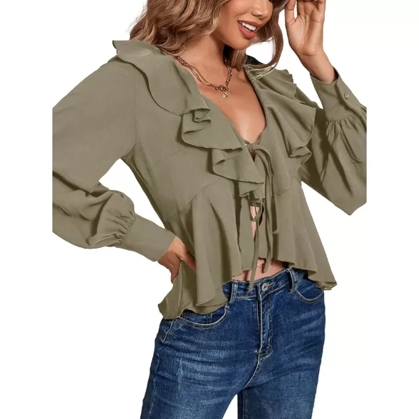 LYANER Women's Solid Deep V Neck Long Sleeve Crop Top Tie Front Chiffon Ruffle Hem Blouse Shirt