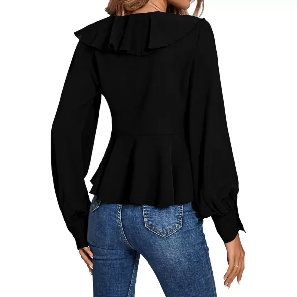 LYANER Women's Solid Deep V Neck Long Sleeve Crop Top Tie Front Chiffon Ruffle Hem Blouse Shirt