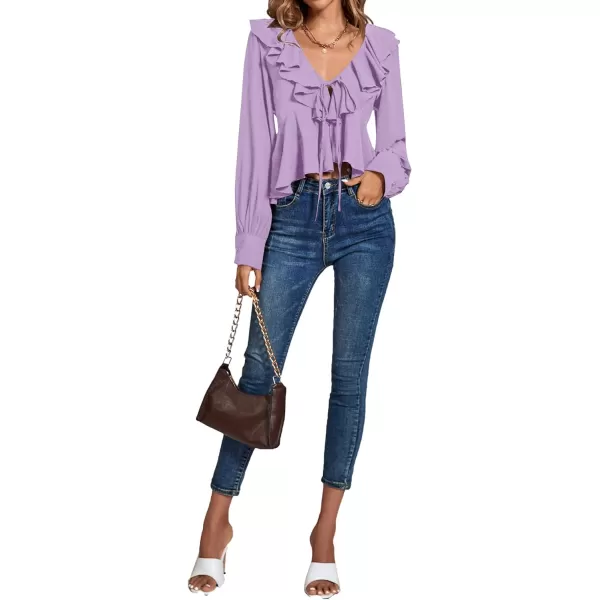 LYANER Women's Solid Deep V Neck Long Sleeve Crop Top Tie Front Chiffon Ruffle Hem Blouse Shirt