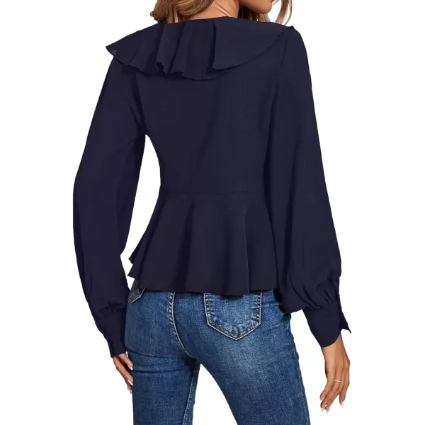 LYANER Women's Solid Deep V Neck Long Sleeve Crop Top Tie Front Chiffon Ruffle Hem Blouse Shirt