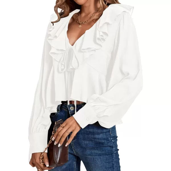 LYANER Women's Solid Deep V Neck Long Sleeve Crop Top Tie Front Chiffon Ruffle Hem Blouse Shirt