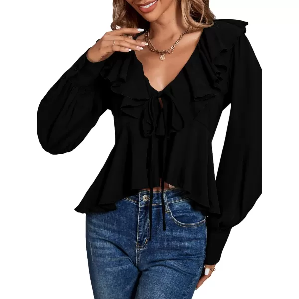 LYANER Women's Solid Deep V Neck Long Sleeve Crop Top Tie Front Chiffon Ruffle Hem Blouse Shirt