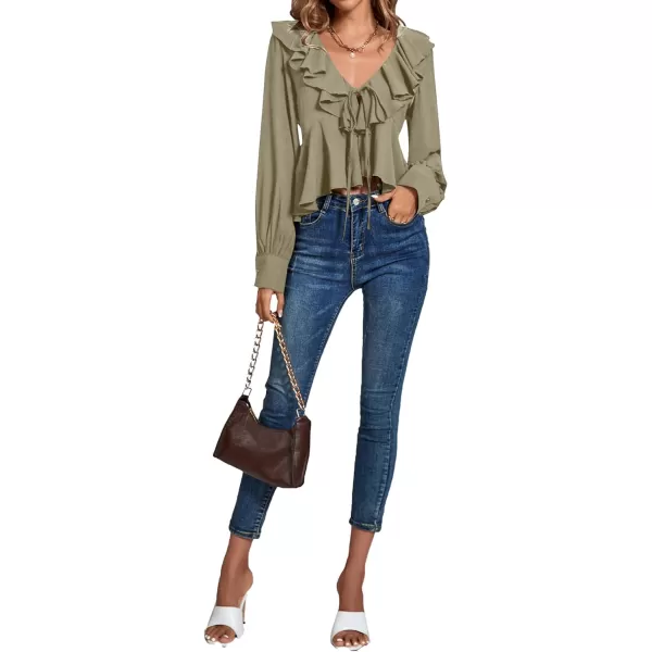 LYANER Women's Solid Deep V Neck Long Sleeve Crop Top Tie Front Chiffon Ruffle Hem Blouse Shirt