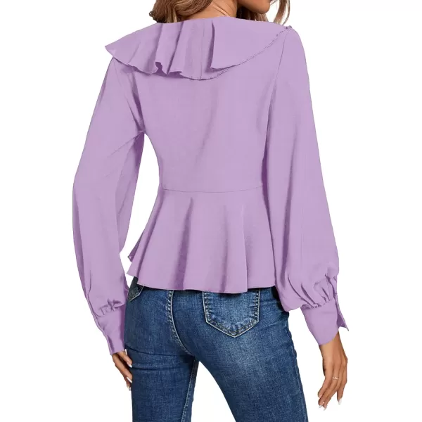 LYANER Women's Solid Deep V Neck Long Sleeve Crop Top Tie Front Chiffon Ruffle Hem Blouse Shirt