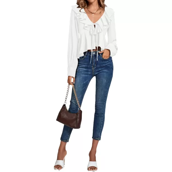 LYANER Women's Solid Deep V Neck Long Sleeve Crop Top Tie Front Chiffon Ruffle Hem Blouse Shirt
