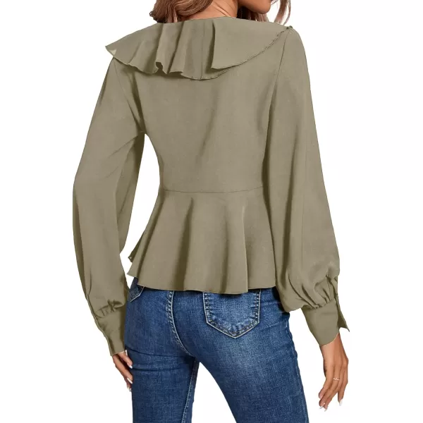 LYANER Women's Solid Deep V Neck Long Sleeve Crop Top Tie Front Chiffon Ruffle Hem Blouse Shirt