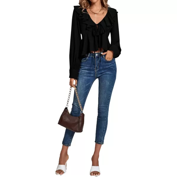 LYANER Women's Solid Deep V Neck Long Sleeve Crop Top Tie Front Chiffon Ruffle Hem Blouse Shirt