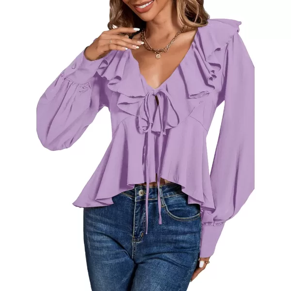 LYANER Women's Solid Deep V Neck Long Sleeve Crop Top Tie Front Chiffon Ruffle Hem Blouse Shirt